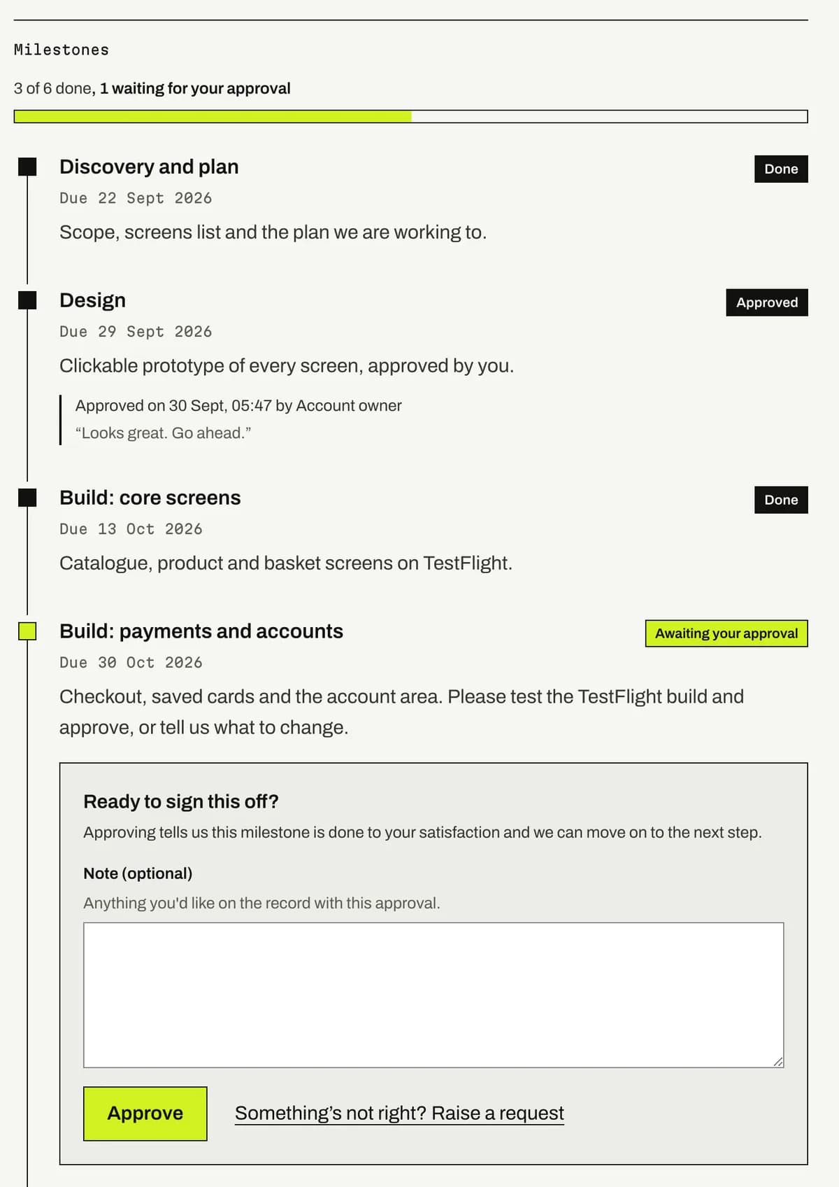 A project's milestone timeline in the portal: Discovery and plan done, Design approved with a note from the account owner, Build core screens done, Build payments and accounts awaiting approval with an Approve button and a note field, then Test and App Store submission and Launch and handover still to come