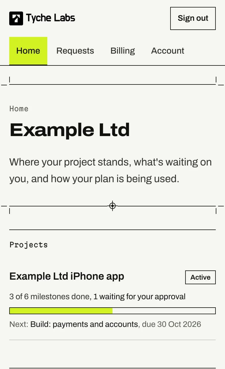 The portal home on a phone for the demo client Example Ltd: the header, the project row with its progress meter and the next milestone