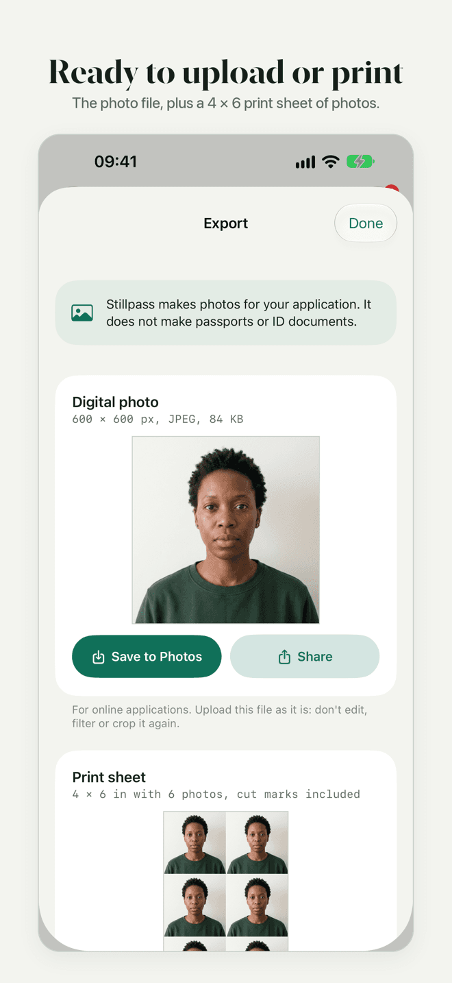 Stillpass: the photo file and a 4 × 6 in print sheet of photos, ready to save